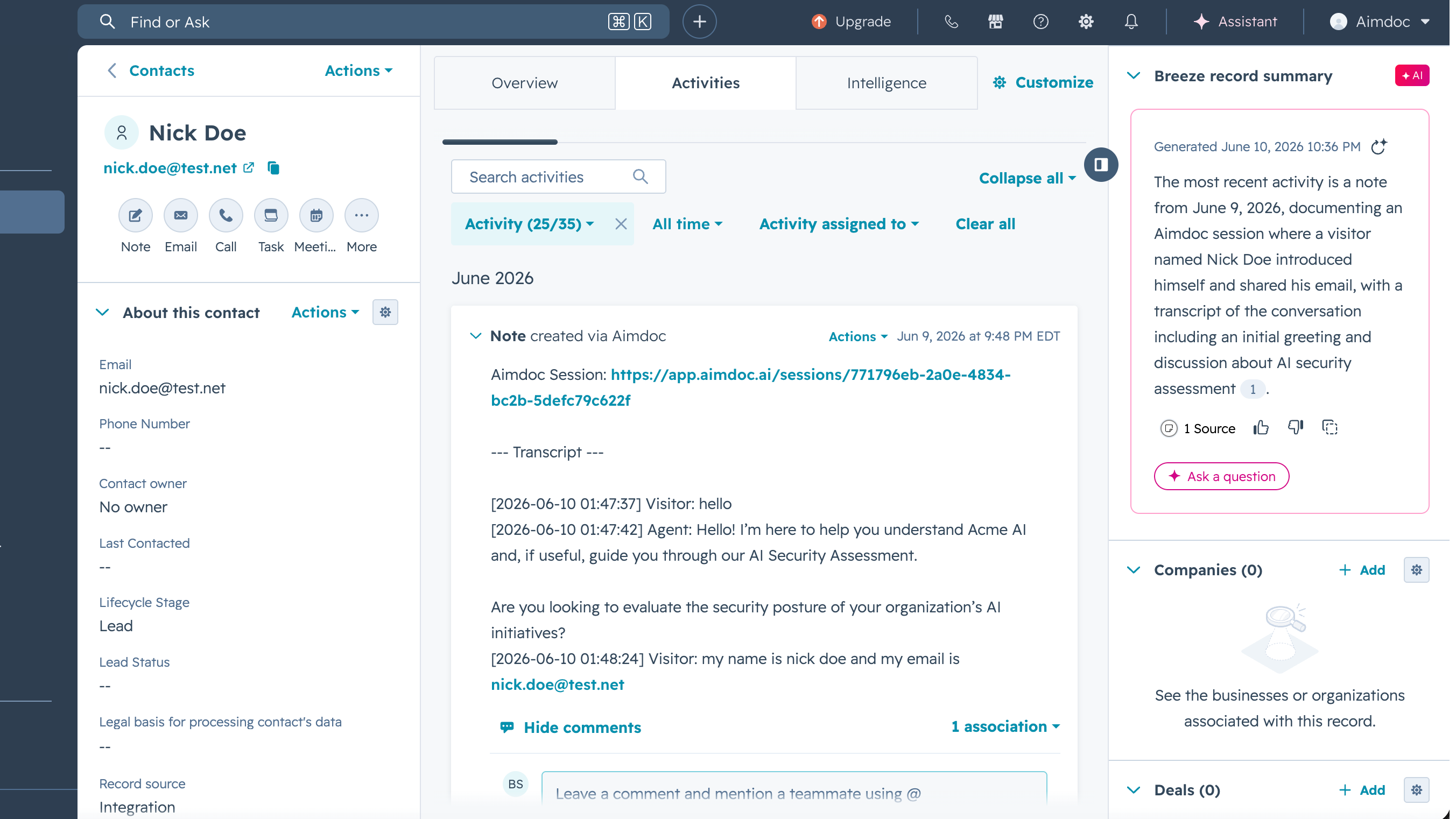 Transcript in HubSpot